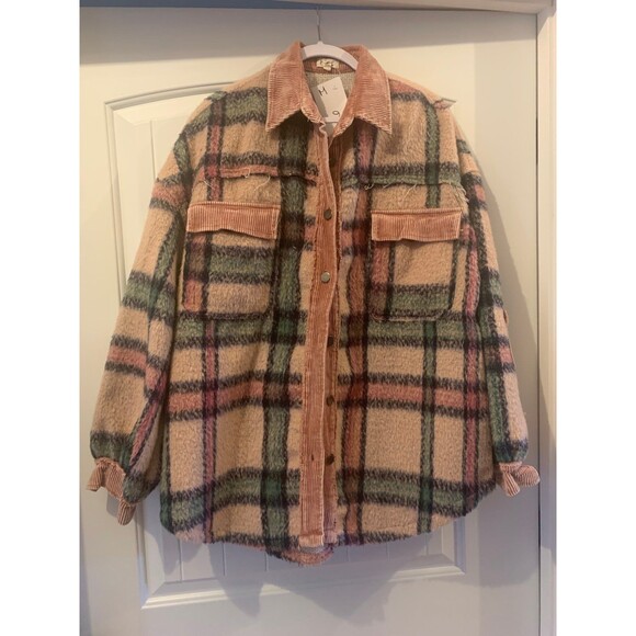 POL Brand Pink Fuzzy Plaid Corduroy Patchwork Shacket  -  Jacket-Size M - Picture 6 of 9